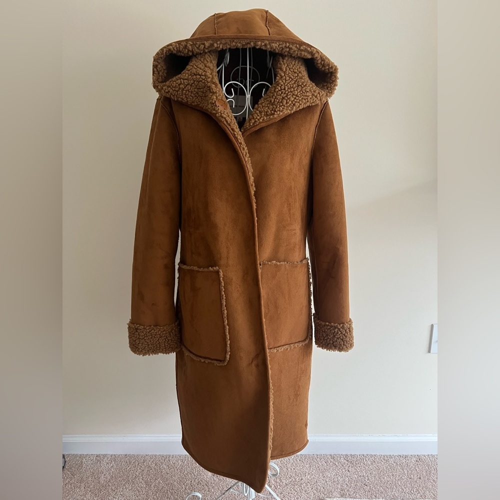 Cozy Faux Shearling Sherpa Hooded Long Coat Camel Brown Teddy Lined Jacket XS
